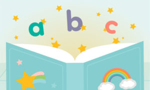 A graphic of an open book with a, b, c above and lots of stars