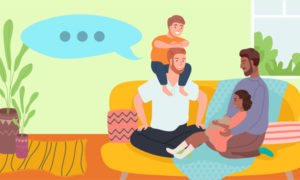 A graphic of a child sat on a man's shoulders while he sits cross-legged on the floor with a speech bubble containing an ellipsis. Another man listens attentively with a child on his lap