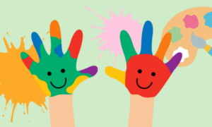 A graphic of two multicoloured painted hands with smiley faces on them